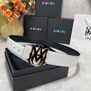 AMIRI Black Gold Logo Buckle White Belt